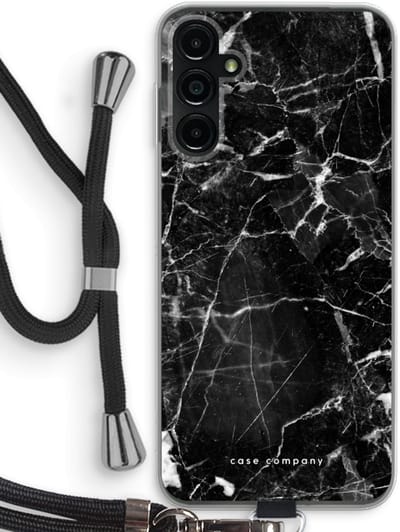 Case Company® - Hoesje met koord geschikt voor Samsung Galaxy A14 hoesje met Koord - Zwart Marmer - Telefoonhoesje met Zwart Koord - Bescherming aan alle Kanten en Over de Schermrand
