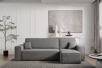 Hoekbank Carlos Grijs - Hoeksalon Met Bed en Opbergruimte Corduroy Ribstof - Karl hoekzetel Universele lounge links of rechts - Seatsandbeds