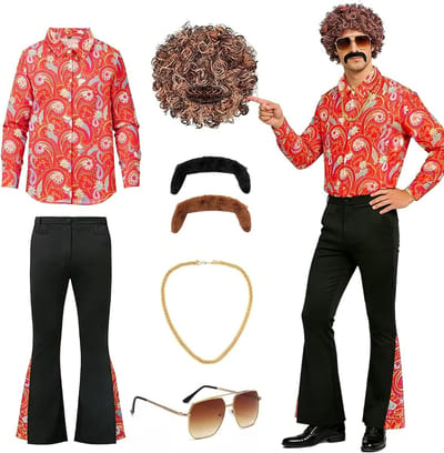 Stijlvolle 70s disco outfit voor mannen, 7-delig kostuum met shirt, broek, pruik, riem, bril, baard en gouden ketting, perfect voor carnaval en themafeesten