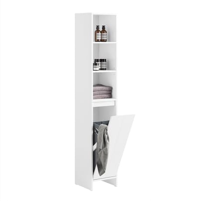 SoBuy Hoge badkamerkast BZR158-W - wit - 30x170x30 cm - met waszak en opbergruimte