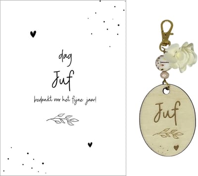 Sleutelhanger en kaartje JUF | leave | beige | jij bent de liefste | liefste juf | topjuf | einde schooljaar | juffen | meester |cadeau