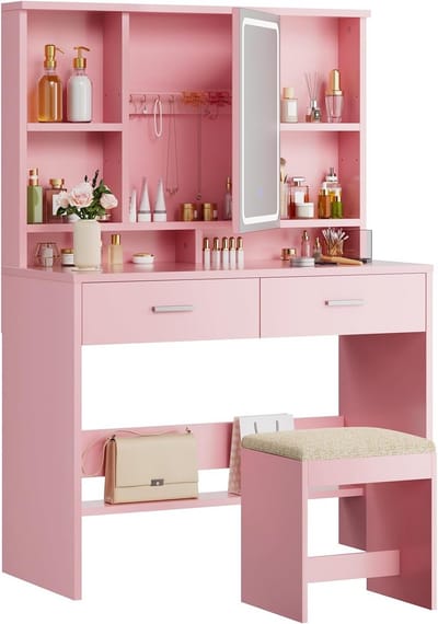 Kaptafel met LED Spiegel en Opbergruimte - Make-up Tafel voor Slaapkamer (Roze/Wit)