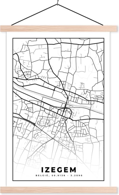 Posterhanger incl. Poster 40x60 cm - Schoolplaat - België – Izegem – Stadskaart – Kaart – Zwart Wit – Plattegrond - Textielposter - Blanke latten - Stadskaart