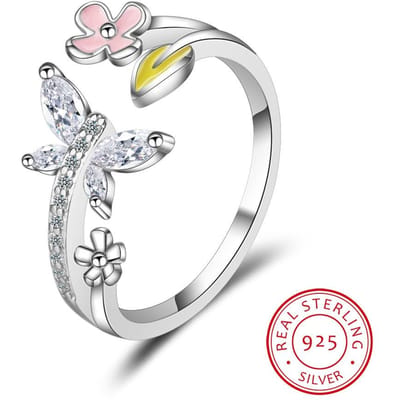 Nieuwe Trendy 100% 925 Sterling Zilver Liefde Van Vlinder Roze Bloem Open Ringen Voor Vrouwen Bruiloft Zilver Fijn Sieraden Resizable white