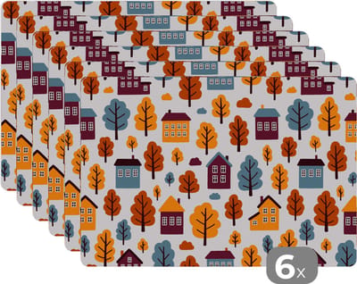 Placemat - Placemats kunststof - Patronen - Huis - Bomen - 45x30 cm - 6 stuks - Hittebestendig - Anti-Slip - Onderlegger - Afneembaar