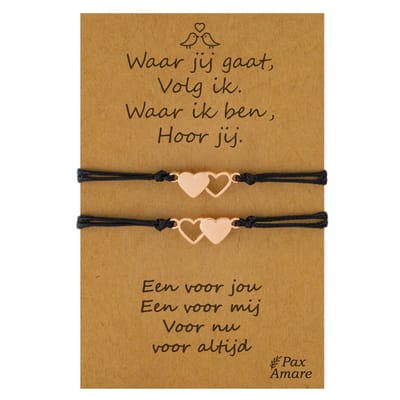 Vriendschapsarmbandjes voor 2 "Waar jij gaat, volg ik" - Hartjes - BFF Armbandjes met Cadeau Kaartje - Rosé Goud & Zwart - Elastisch Verstelbaar - Pax Amare