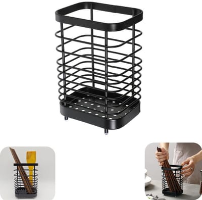 Opslagrek - Afdruiprek - Bepakstokjesopslag - Lepelopslagrek - Roestvrijstalen opslagrek - Verdikt - Antislip - Opslagaccessoires - Keukengerei - Geschikt voor keuken, gootsteen, aanrecht (zwart, 15*10cm)