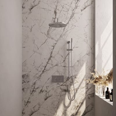 Brauer Chrome Edition thermostatische inbouw regendouche met drukknoppen SET 64 met 30 cm douchekop en gebogen muurarm en staaf handdouche en doucheslang en geïntegreerde glijstang chroom