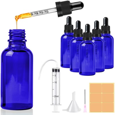 Dailygoods- Pipettefles Set 5x50ml - Blauwe Druppelflesjes - Herbruikbaar Glas - UV-Bescherming - Geen Lekkage - Inclusief Syringe en Stickers - Druppelfles