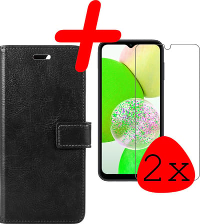 Hoesje Met 2x Screenprotector - Geschikt voor Samsung Galaxy A14 - Luxe Pasjeshouder - Bookcase Portemonee - Flip Case - Kunstleer Book Case - Flipcase Hoes - Book Cover - Walletcase - Portemonneehoes - Zwart