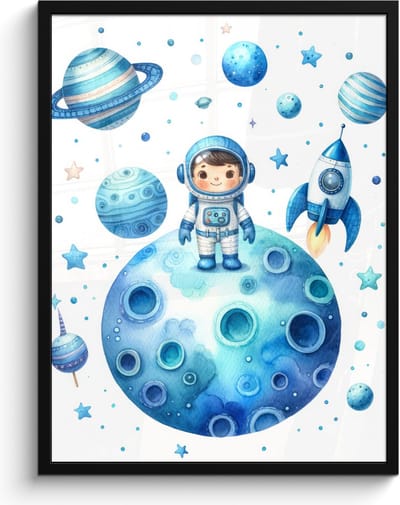 Poster in lijst - Fotolijst 60x80 cm - Posters - Ruimte - Blauw - Astronaut - Sterren - Planeten - Posterlijst zwart - Kamer decoratie - Wanddecoratie kinderkamer - Muurdecoratie babykamer