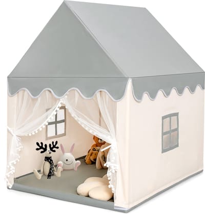 COSTWAY Kindertent voor binnen, kinderspeelhuis voor jongens meisjes prinses, kinderspeeltent met massief houten frame & katoenen plafond, kinderspeelhuis voor binnen, 120x105x140cm (beige+grijs)