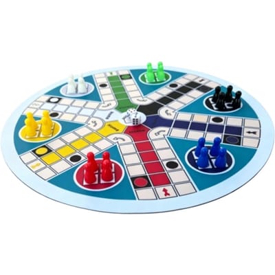 Ludo Bordspel Ronde Schaakbord 6 Spelers Reis Familie Bordspel Set met 2 Dobbelstenen Hoogte 0,91 Inch Diameter 0,59 Inch blue
