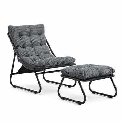 Tuinstoel met voetenbank - Loungestoel met grijs kussen - Zacht kussen - Weerbestendig - 130 kg draagvermogen - Binnen en buiten - 65x78x86 cm - Grijs