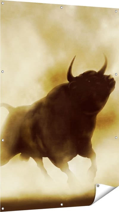 Gards Tuinposter Zwarte Stier in het Stoffige Rook - 100x150 cm - Tuindoek - Tuindecoratie - Wanddecoratie buiten - Tuinschilderij
