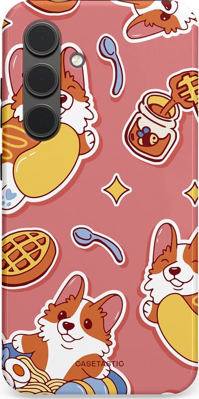 Casetastic Hoesje Geschikt voor Samsung S24 - Stijlvolle Beschermende Duo-layer Case - Corgi snacks