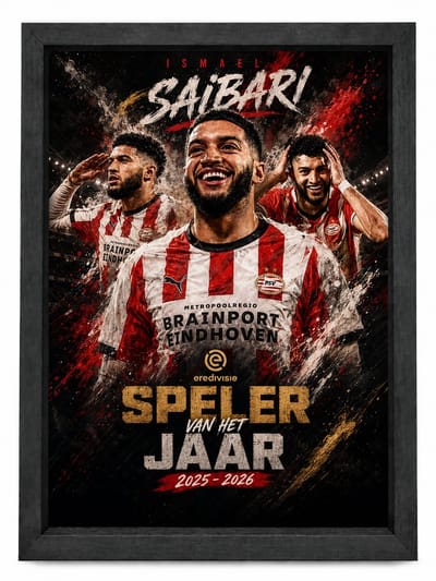 Ismael Saibari Poster PSV | Speler van het Jaar 2025-2026 | Inclusief Zwarte A4 Lijst