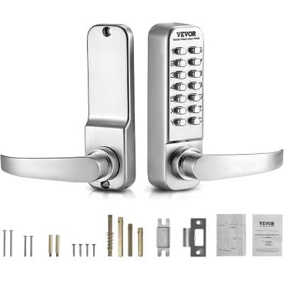 VEVOR Mechanisch sleutelloos deurslot met enkelzijdig toetsenbord (14 sleutels), sleutelloos deurslot met handgreep, codeslot voor thuis, kantoor, buiten, hek, tuin, zilver (35-65 mm dikke deur)