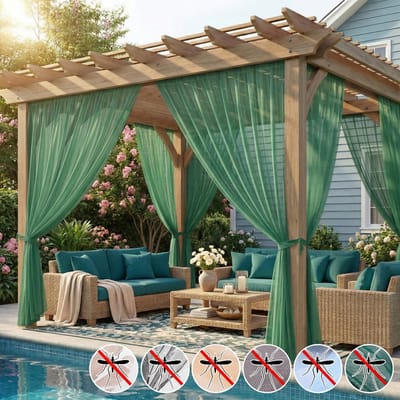 MUPOO DIY extra Breed 320cm VliegenBuitengordijn & Anti-Muggen Buitengordijn Kant en Klaar met Tunnel (Roede/Touw) - Fijnmazig Insectennet -Op Maat te Knippen - Klamboe voor Tuin, Balkon & Deur - Luchtig - Blauw - 320x213cm