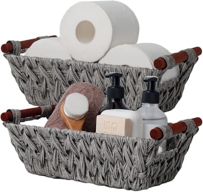 Unyqoos ® Handgeweven Opbergmanden met Houten Handvatten, Set van 2, Voor Diverse Opbergmogelijkheden