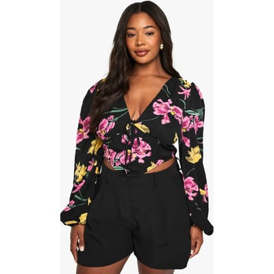 boohoo Dames Plus Floraal Pofmouw Langlijnige Korset Top | Zwart | Maat: 54
