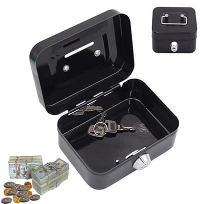 Small Money Cassette Lockable with Key, Small Safe, Metal Locker Money Cassette with Key Lock, Wallet, Cash Register with 2 Keys, 11.5 x 8.5 x 5.8 cm (Black)
