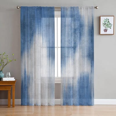 Abstracte Moderne Lijn Blauwe Slaapkamer Transparante Dunne Gordijnen Vakantiedecoratie Raam Voile Tule Gordijn 135W x 114H(cm) x 2
