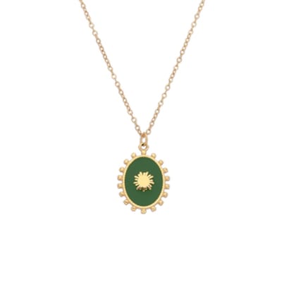 Lucardi Dames Stalen goldplated ketting met groene ovale munt - Ketting - Staal - Goudkleurig - 45 cm