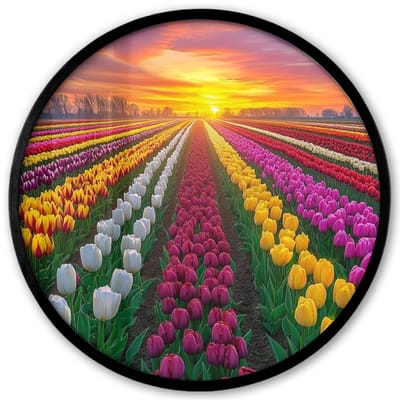 Poster in lijst Rond - Fotolijst 40x40 cm - Posters - Tulpenveld - Zonsondergang - Kleurrijk - Ronde posterlijst zwart - Decoratie - Wanddecoratie woonkamer - Muurdecoratie slaapkamer