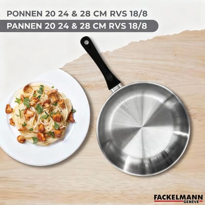 Set 3 pannen 20 24 en 28 cm roestvrij staal, glazen deksels en 6 Fackelmann Geneva keukengerei