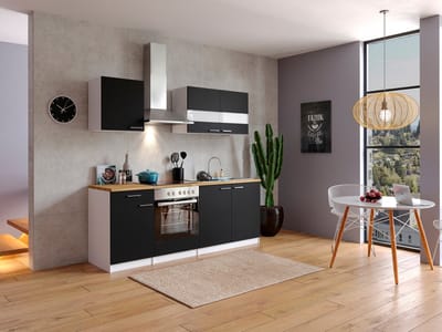 Goedkope keuken 210  cm - complete keuken met apparatuur Malia  - Wit/Zwart - soft close - keramische kookplaat    - afzuigkap - oven    - spoelbak