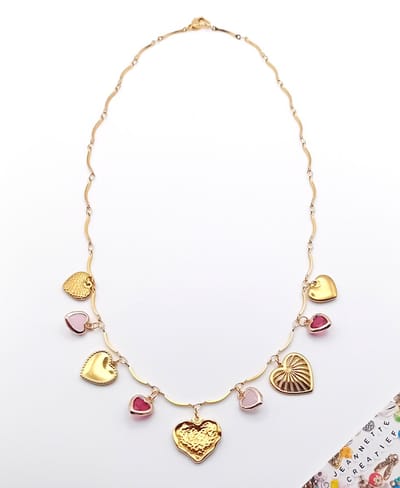 Jeannette-Creatief® - Beach - Bedelketting - Bedelketting met Hartjes Crystal Glass Roze Goud - Bedels - Ketting met Hartjes - Hartjesketting - Ketting - Hartjes - Jasseron Ketting - Valentijn - Valentijnscadeau - Love - Cadeautip - Moederdag
