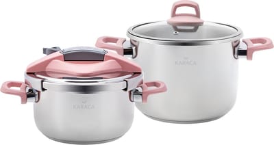 Karaca Perfect Pink Snelkookpan Set 4 + 6 Liter – Roze Drukpan Set met Veiligheidssysteem