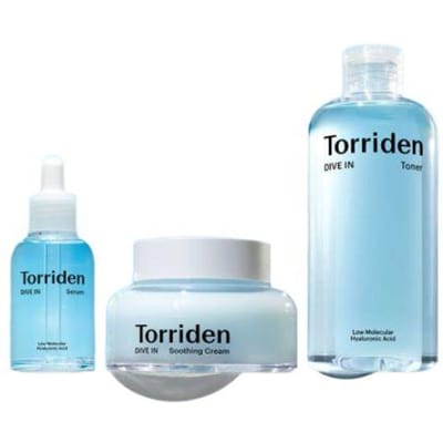 Torriden DIVE-IN Acide Hyaluronique Bas Poids Moléculaire Ensemble de Soins Visage Toner 300ml + Sérum 50ml + Crème Apaisante 100ml white