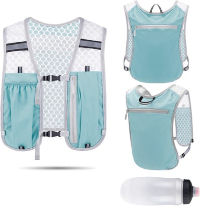 Hardloop-hydratatievest, lichtgewicht rugzak, stabiele borstuitrusting met blaas en telefoonhouder voor vrouwen, Heren,met reflecterende strepen, marathons, trails, fietsen, buitenavonturen（1 * lichtblauw vest, 1 * waterfles） - Cyslmuk®