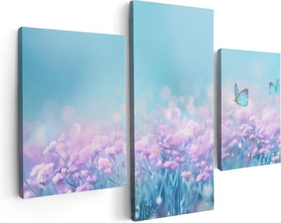 Artaza Canvas Schilderij Drieluik Twee Blauwe Vlinders Bij Roze Bloemen - 90x60 - Foto Op Canvas - Canvas Print