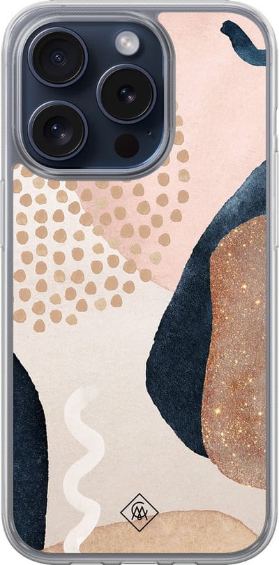 Casimoda® hoesje - Geschikt voor iPhone 15 Pro - Abstract Dots - 2-in-1 case - Schokbestendig - Geometrisch patroon - Verhoogde randen - Bruin/beige, Transparant