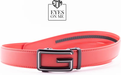 Rode lederen riem zonder gaatjes met automatische gesp voor heren ( Model L185 )