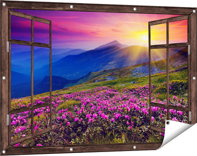 Gards Tuinposter Doorkijk Roze Rhododendron Bloemenveld - Bergen - 120x80 cm - Tuindoek - Tuindecoratie - Wanddecoratie buiten - Tuinschilderij