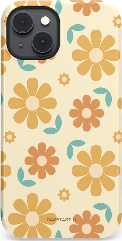 Casetastic hoesje geschikt voor Apple iPhone 14 Plus - MagSafe - Dubbellaagse bescherming - Flower power Retro Bloemen - Geel - Oranje - Blauw - Fashion Case - Crème Goud Perzik