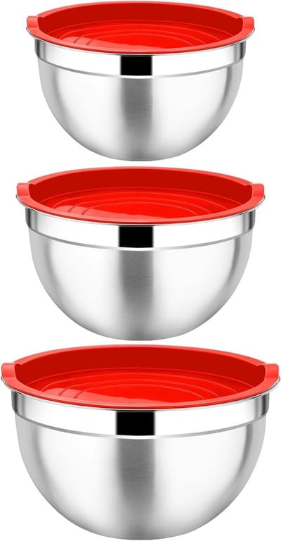 Mixkommen Set van 3, RVS Mengkommen met Luchtdichte Deksel, Stapelbare Schalen voor Salades, Bereiden en Serveren, Vaatwasserbestendig, Inhoud 4.5L/2.7L/1.5L