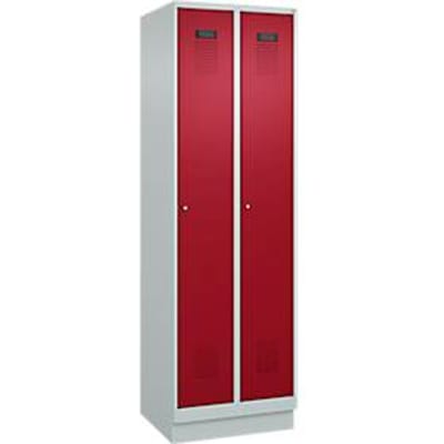 C+P Evolo Plus garderobekast, 2 vakken, 300 mm vakbreedte, met plint, rechts scharnierend, cilinderslot, soft-close, inbraakwerend, B 600 x D 500 x H 1950 mm, lichtgrijs RAL 7035/ruwe rood RAL 3003