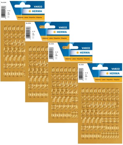 Herma Stickervel nummers - cijfers / getallen - 0 t/m 9 - 4x vellen - goud - 12 mm