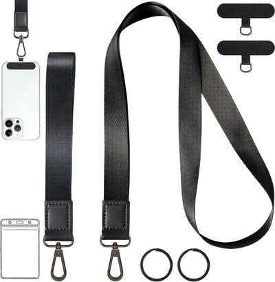 Nek & Pols Keycords - Universeel Telefoonkoord Set met Bevestigingsplaatjes, Badgehouder & Uittrekbare Sleutelhanger - Lanyard Keycord Strap - Sleutelkoord Telefoonketting - Telefoon Koord - Keykoord Pashouder- Phone Ketting/Cord - GSM Nekkoord Zwart