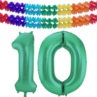 Folat Verjaardag Leeftijd folieballon - 10 jaar - groen - 86 cm - cijferballon groot - incl 2x feestslingers