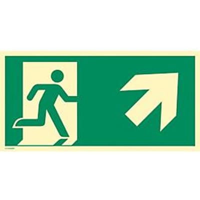 moedel bord "nooduitgang rechts diagonaal omhoog", EN ISO 7010, lichtklasse C, 160 mcd/m², tot 14,8 m, L 148 x B 297 mm, aluminium, groen