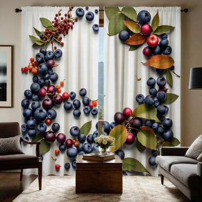2 pièces de rideau décoratif branche feuille fruit rouge myrtille HD Blanc à nouer rideau imprimé numérique Style décoration intérieure Decora W52H63inchW132H160cm black