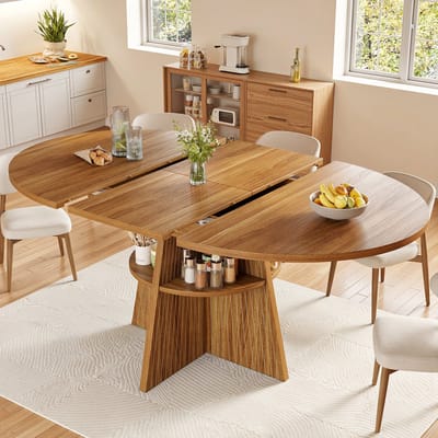 OKWISH Eettafel – Uitschuifbaar Rond Naar Lang – Met Open Opbergvak – Donkerbruin MDF En Metaal – 110–150x110x76 cm