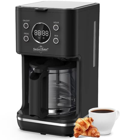 Swiss Haus® CM2315 Koffiezetapparaat – 1.5L Glazen Kan – 1000W – LED Display met Timer – 10-15 Koppen - Anti-Drip – Permanente & Nylon Filter – Zwart