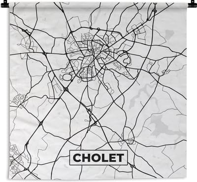 Wandkleed - Wanddoek - Cholet - Frankrijk - Plattegrond - Stadskaart - Kaart - Zwart wit - 180x180 cm - Wandtapijt
